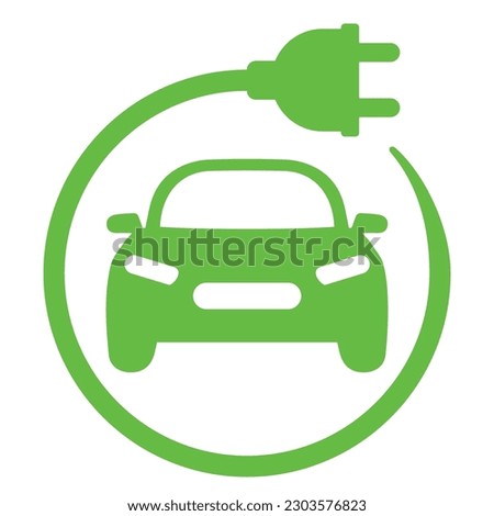 Electric car with E plug green icon symbol, Hybrid vehicles charging point logotype, Eco friendly vehicle concept.