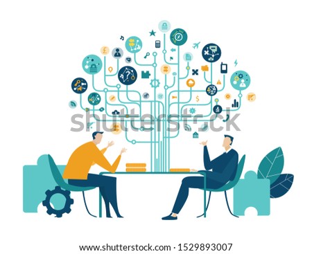 Two business people talking in the office, negotiating the contract or deal.  Business tree of success made of communication icons at the background 