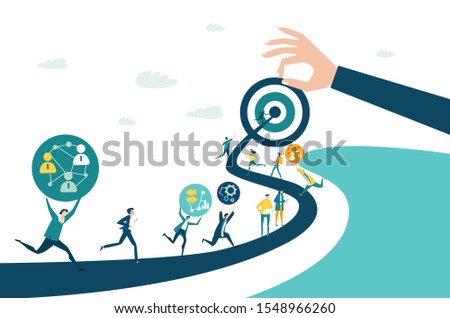 People running towards the target which business man hand holding in the end on the path. Concept illustration 