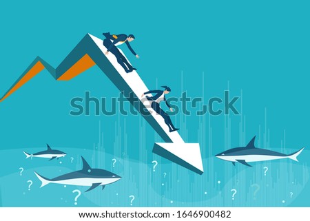 Businesspeople sliding down on the arrow to sea with sharks. Danger in business, economy, fatal mistake.   Business concept illustration