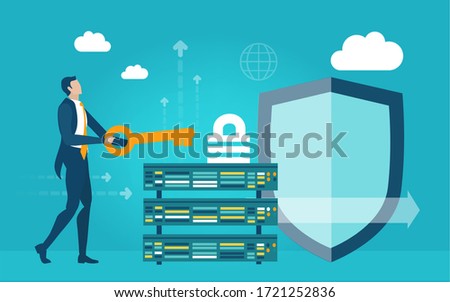 Successful businessman in the server room. Technical Controller working at His workstation, engineer, team leader, looking after the data, controlling supporting internet security, analysing system