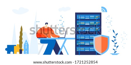 Engineer working in server room. Internet security and data protection, technology, information safely idea.  Business concept illustration