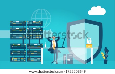 Successful businessman in the server room. Technical Controller working at His workstation, engineer, team leader, looking after the data, controlling supporting internet security, analysing system