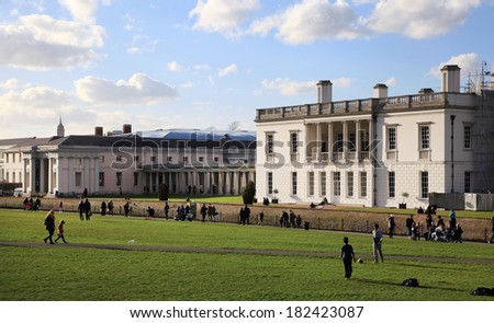 LONDON, GREENWICH UK - FEB 23, 2014: Greenwich park, Royal Navy college, Queen palace, national museum