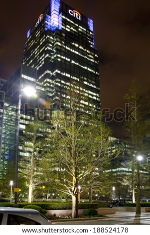 LONDON, CANARY WHARF UK - APRIL 4, 2014: Canary Wharf tube mail square in the night, modern business aria taking more than 100 000 workers every day