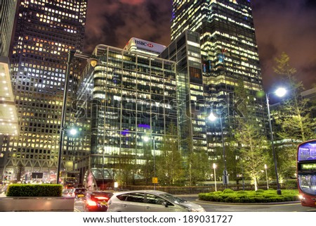 LONDON, CANARY WHARF UK - APRIL 4, 2014: Canary Wharf tube and taxi station in the night, modern station bringing about 100 000 workers to the aria every day, HDR proceeding
