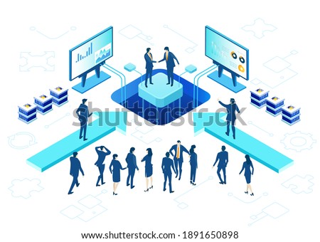 Isometric 3D business environment with business people handshaking, communicating in server room. Success, internet, agreement, data protection, personal security infographic illustration. 