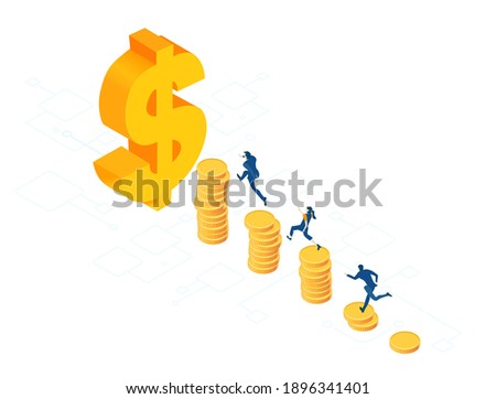 Isometric 3D business environment with business people running on top of coin stacks towards to  golden dollar sign. Personal success, security, banking infographic illustration.
