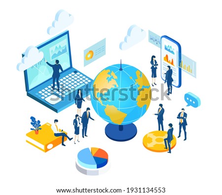 Isometric 3D business concept environment,  Lots of business people working around golem's, global business, global communication, international companies, world wide business opportunities 