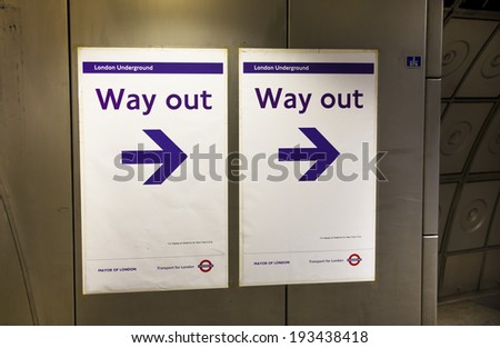 LONDON, UK - MAY 14, 2014: Way out sign. London tube