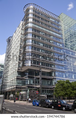 LONDON, UK - MAY 14, 2014: Office buildings modern architecture of Canary Wharf aria  the leading centre of global finance