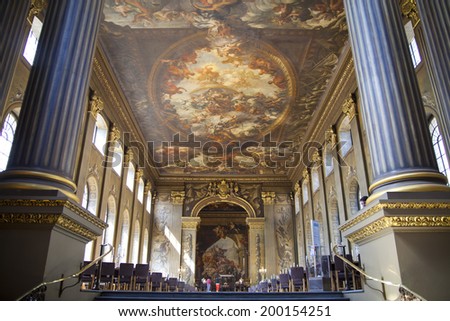 LONDON, UK - MAY 15, 2014: Painted hall. Paintings took for Sir James  Thornhill 19 years to complete. It where Nelson lay in state after his death at the Battle of Trafalgar.