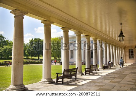 LONDON UK - MAY 15, 2014: Old English park south of London, colonnade of Queen\'s palace 1619.