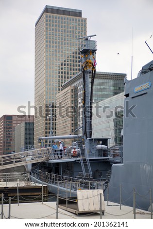 LONDON, UK - MAY 17, 2014  German army military ships based in Canary Wharf aria, to be open for public in educational content