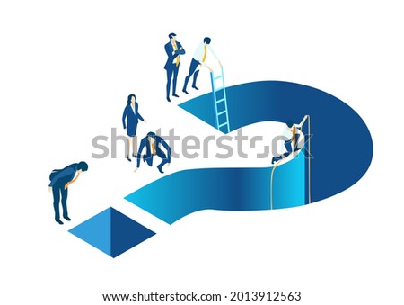 Business people working around question mark, helping each other to solve the problems, supporting and working together. Isometric iconographic of business working space with people, business concept