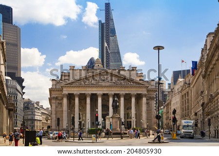 LONDON, UK - JUNE 30, 2014: Royal exchange building. Bank of England square and underground station