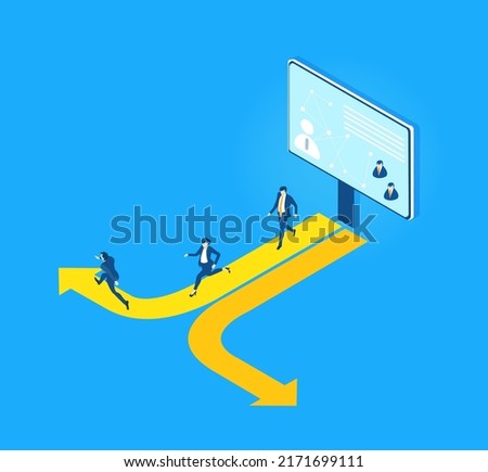 Business people running towards the arrow sign, make decisions, solving the problems, making decisions and progress. Isometric environment  illustration