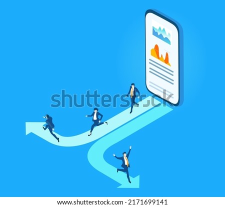 Business people running towards the arrow sign, make decisions, solving the problems, making decisions and progress. Isometric environment  illustration