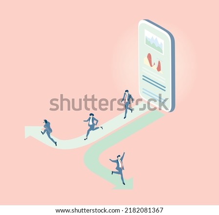 Isometric 3D business environment with business people running towards the success.