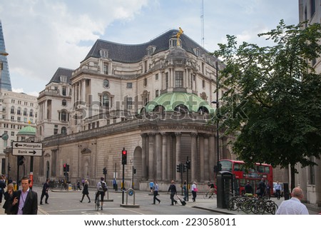 LONDON, UK - JUNE 30, 2014: Bank of England. Square and underground station