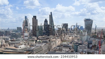 LONDON, UK - AUGUST 9, 2014 London view. City of London one of the leading centres of global finance this view includes Tower 42, Lloyds bank, Gherkin building and other