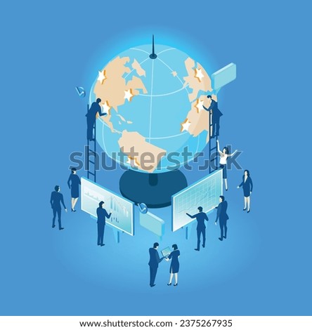 Business people working in around big globe. Data centre, international business, communications, receiving and analysing information, international business. Big data concept. Isometric