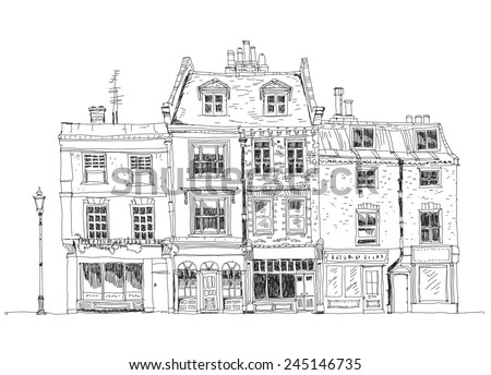 Old English town houses with shops on the ground floor. Sketch collection of famous buildings