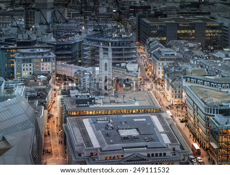 LONDON, UK - JANUARY 27, 2015: London\'s roads in the night. Panoramic view from the St. Paul cathedral