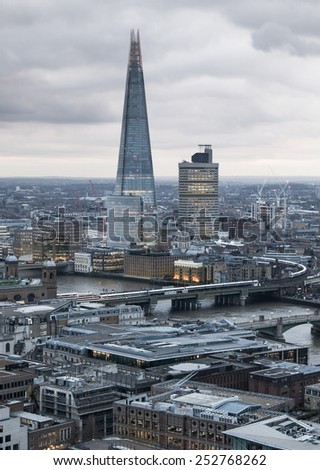 LONDON, UK - JANUARY 27, 2015: Shard. City of London, business and banking aria. London\'s panorama in sun set. View from the St. Paul cathedral