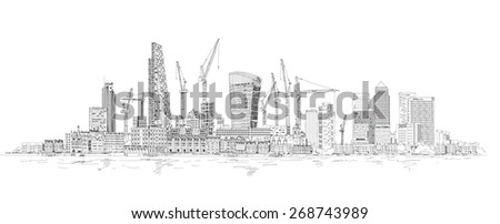 Modern London. City of London and Canary Wharf with crane and building sites of new developments