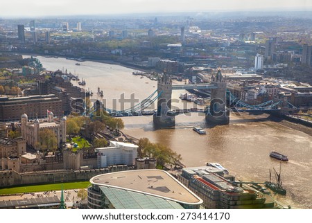 Tower of London in early morning atmosphere, Tower bridge and and River Thames. London panorama form 32 floor of Walkie-Talkie building