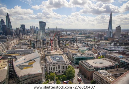 LONDON, UK - AUGUST 9, 2014 London view. City of London one of the leading centres of global finance this view includes Tower 42, Lloyds bank, Gherkin, Walkie Talkie building and other