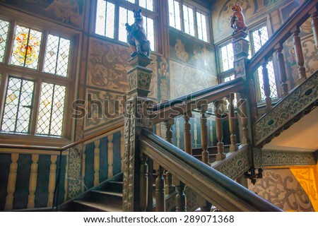 SUSSEX, UK - APRIL 11, 2015: Sevenoaks  Old english mansion interior. Painted stairs
