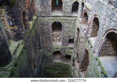 ROCHESTER, UK - MAY 16, 2015: Rochester Castle 12th-century. Inside view of  castle\'s ruined palace walls and fortifications