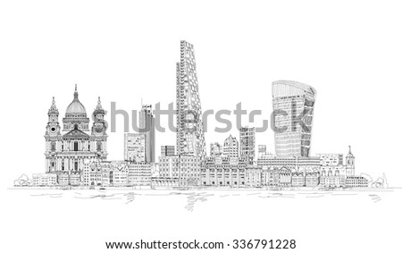 London modern and old, Sketch illustration includes Walkie Talkie building, tower 42 and St. Paul's cathedral 