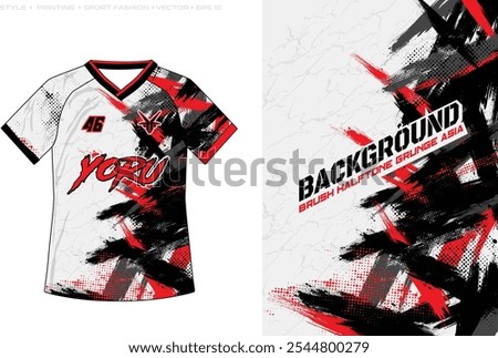 Sublimation jersey design vector modern grunge background camouflage paint splash splatter striking stripes spikes red grey Japanese calligraphy brush background