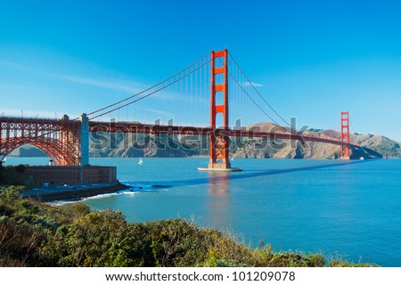 The Golden Gate Bridge in San Francisco with beautiful blue ocean in background