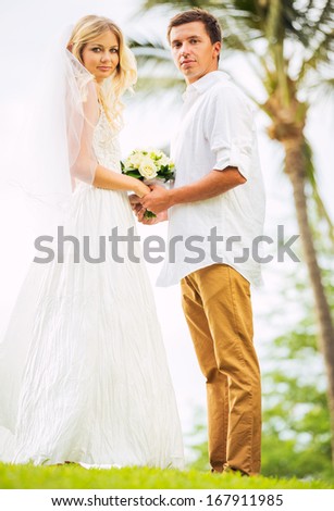 Bride and Groom, Romantic Newly Married Couple Holding Hands, Just Married