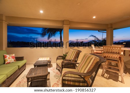 Outdoor Deck and Patio Furniture at Sunset, Luxury Home Interior Design