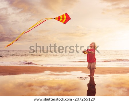 Happy young boy flying kite on summer afternoon at the beach