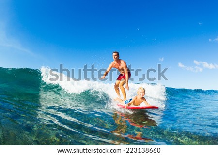 Father and Son Surfing Together Riding Blue Ocean Wave