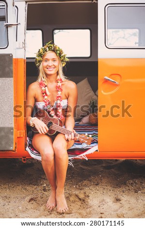 Beach Lifestyle, Beautiful Surfer Girl with Ukulele and Classic Vintage Surf Van on the Beach at Sunset