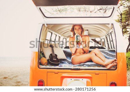 Beach Lifestyle, Beautiful Surfer Girl on the Beach at Sunset with Classic Vintage Surf Van