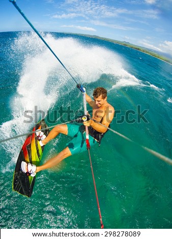 Kite Boarding. Fun in the ocean, Extreme Sport. POV View from Action Camera.