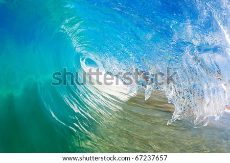 Blue Ocean Wave, View into the Tube from Water Level