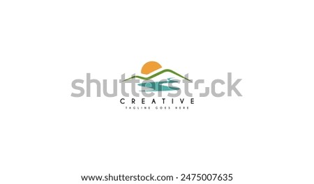 Panorama view landscape mountain with river logo design vector illustration.