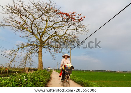 NamDinh, VietNam, march 28, 2015: an unidentified woman cycling on country road