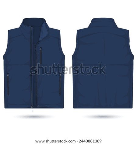 Modern blue vest mockup front and back view, vector illustration