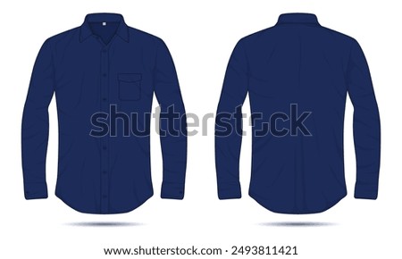 Mockup of dark blue long-sleeve button-up shirt front and back view