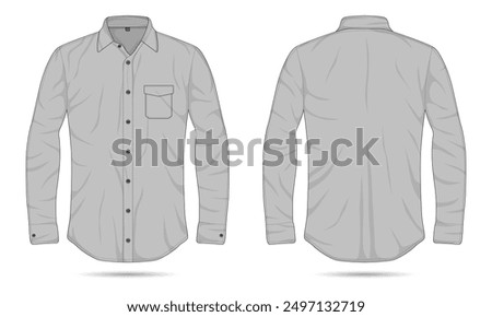 Gray collared long sleeve button down shirt template front and back view